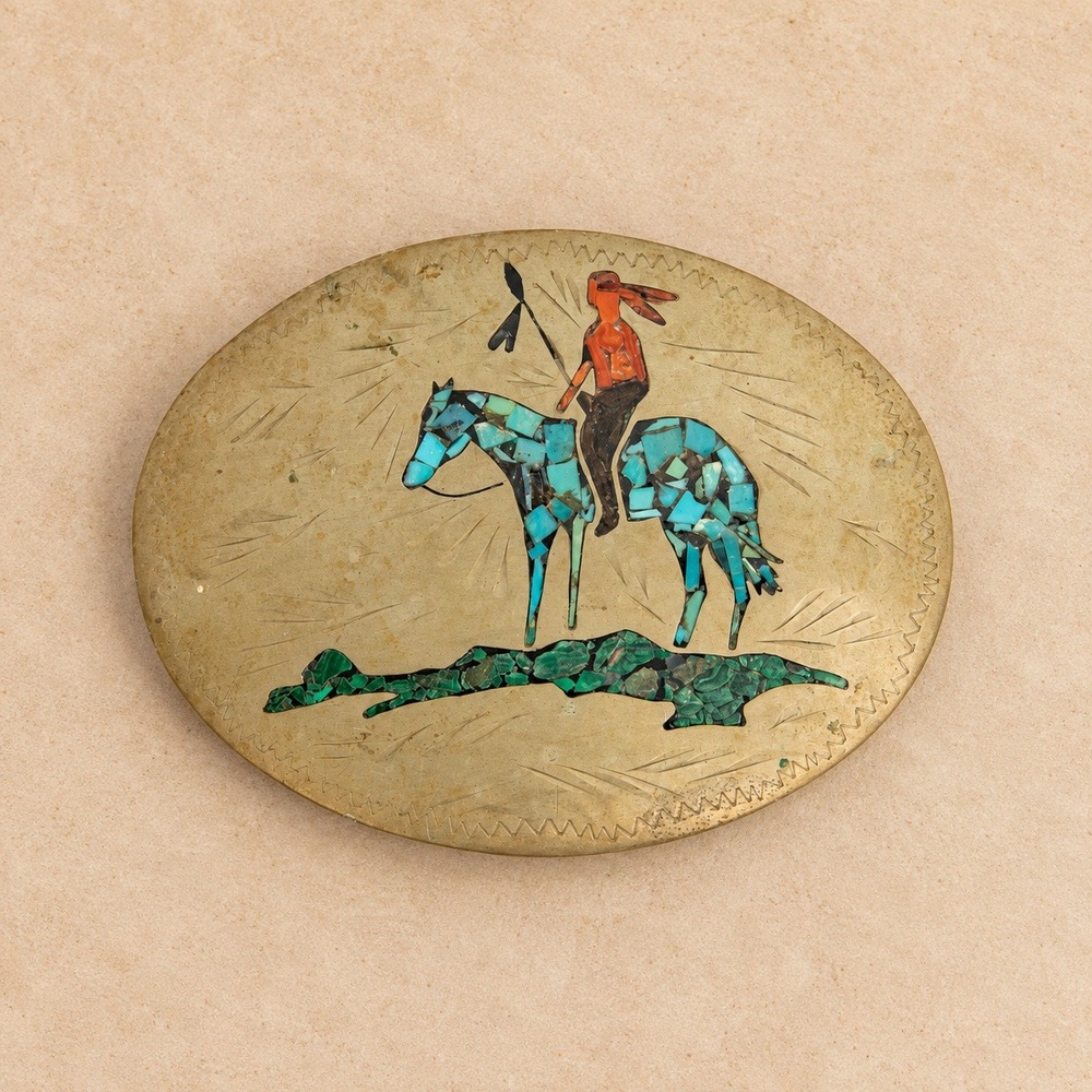 Vintage Belt Buckle Native American Rider Turquoise Coral Mosaic Inlay 4" x 3"